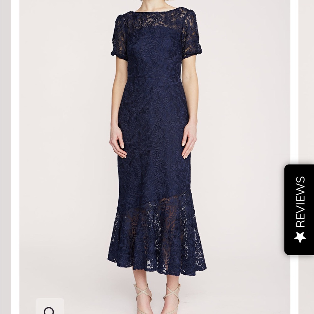 Kay Unger Blue Sheath Puff Sleeve Midi Dress